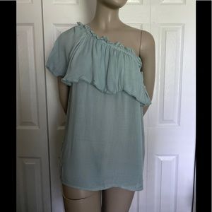 Hinge One Shoulder Ruffle Front Shirt size M, Blue Cloud